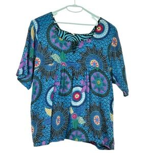 Boho Blue Floral Print Gathered Front‎ Blouse Short Sleeve Colorful L/XL